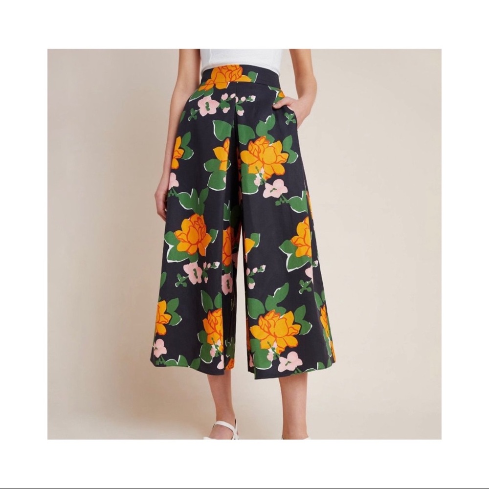 WHIT Black Wide-Leg Floral Jumpsuit Pants with Orange & Green Print Size 6